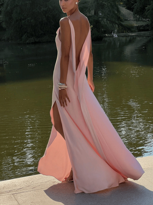Independent Cross-Border European and American 2025 Foreign Trade Sexy Backless Slit Gown Slim-Fit Spaghetti Strap Long Dress for Women