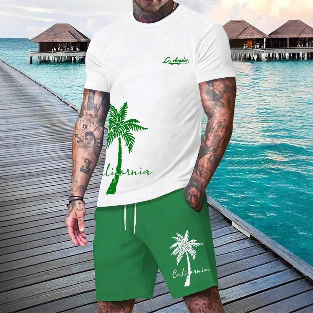 Coconut Tree Lema Graffiti 3D Impresión digital Traje de hombre Camiseta Traje de hombre Cuello redondo Pantalones cortos con cordón de manga corta