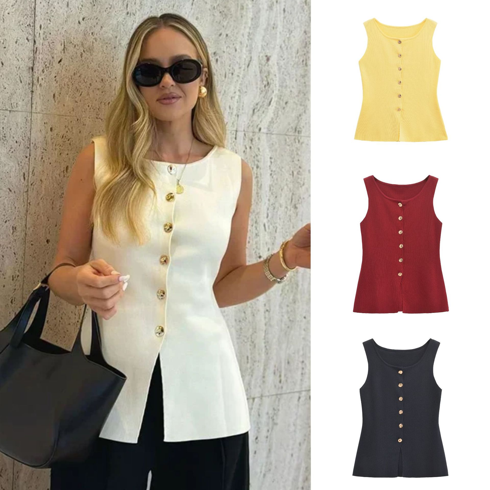 ZA速卖通爆款跨境外贸欧美风女装时尚马甲金色排扣饰平针背心