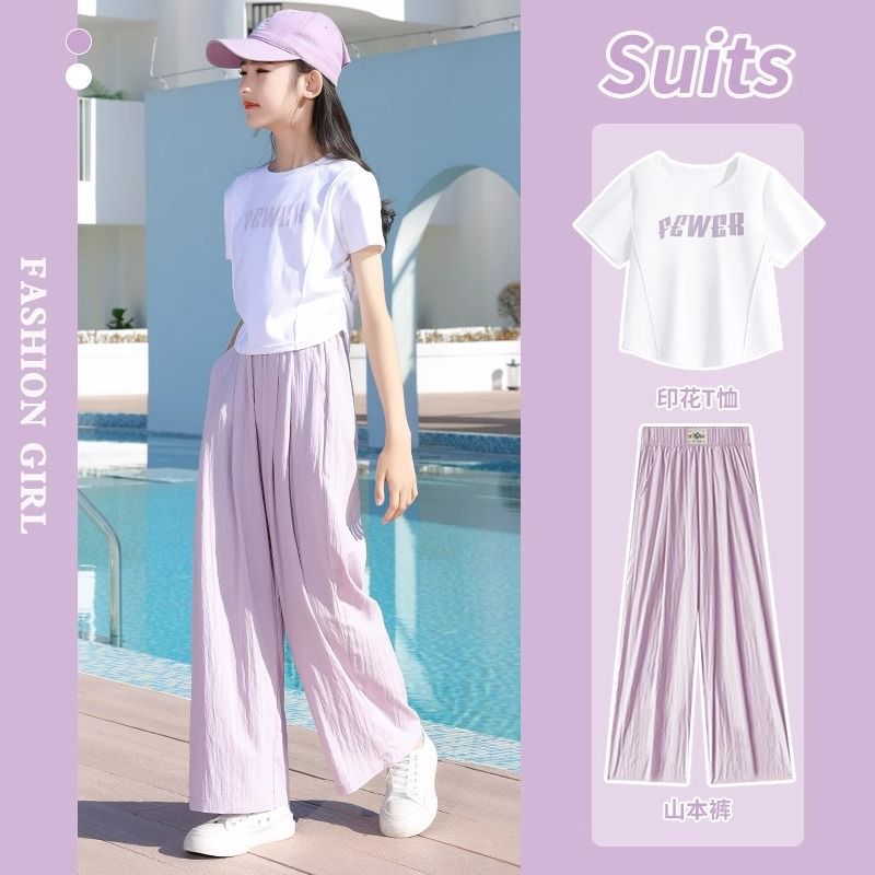 210g cotton stretch top (pure cotton) + nylon-polyester wrinkle-resistant pants for girls, summer wide-leg straight-leg pants.