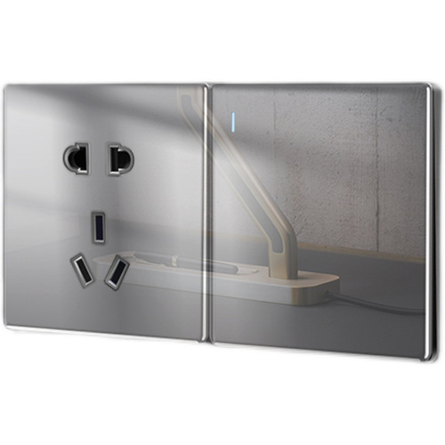 Household 86-type gray tempered glass ultra-thin switch and outlet cover, one-switch-five-receptacle USB wholesale