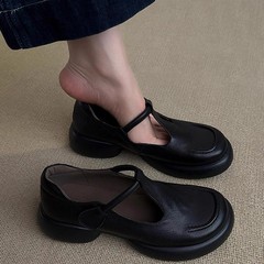 牛皮版~复古真皮简约圆头厚底玛丽珍鞋女通勤百搭黑色小皮鞋单鞋
