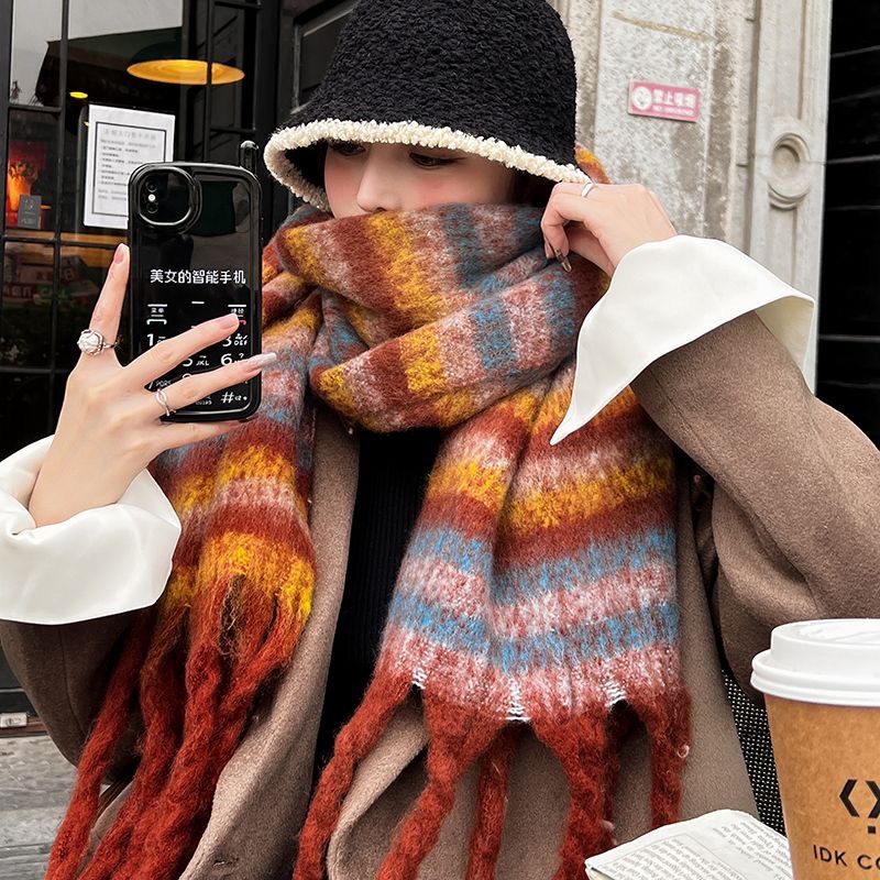 Striped Color Contrast Patchwork Scarf For Women Winter Shawl_voghion.com