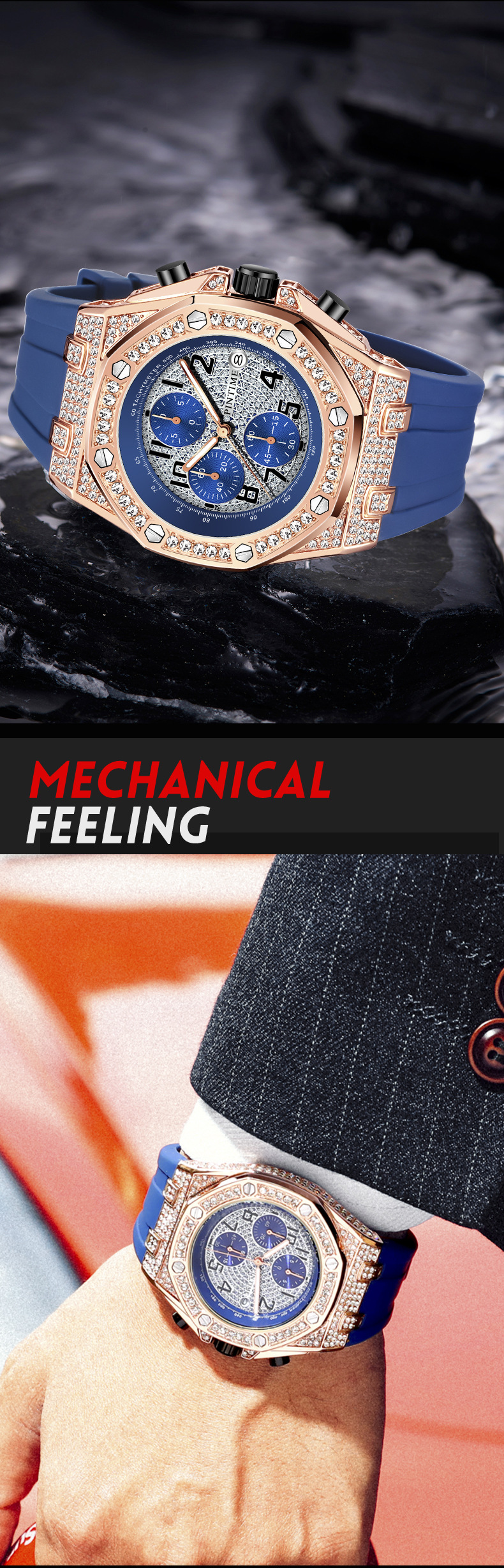 New Men's Watch Brand Watch Vintage Personalized Diamond Set Large Dial Timing Function Luminous Quartz Watch_voghion.com