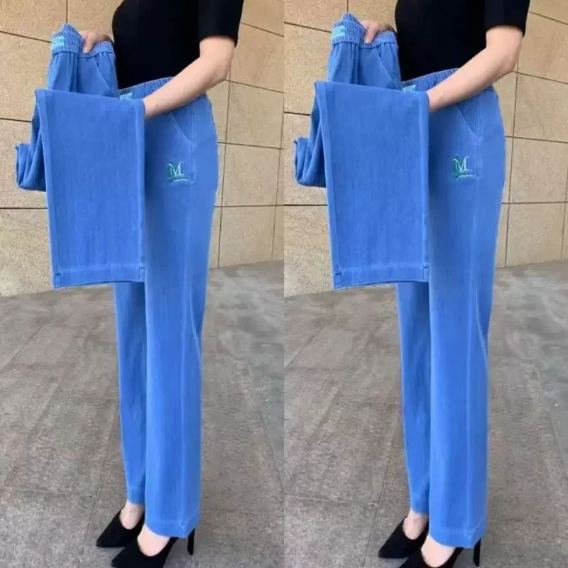 夏季薄款女士裤子2025新款高腰弹力显瘦百搭冰丝牛仔松紧直筒长裤