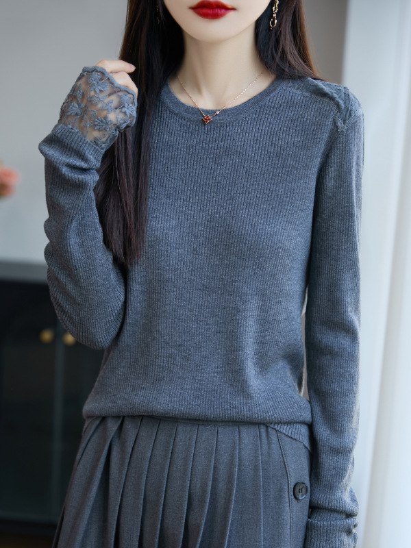 法式蕾丝钩花miu系针织衫女圆领修身毛衣25新款内搭女装打底上衣|undefined