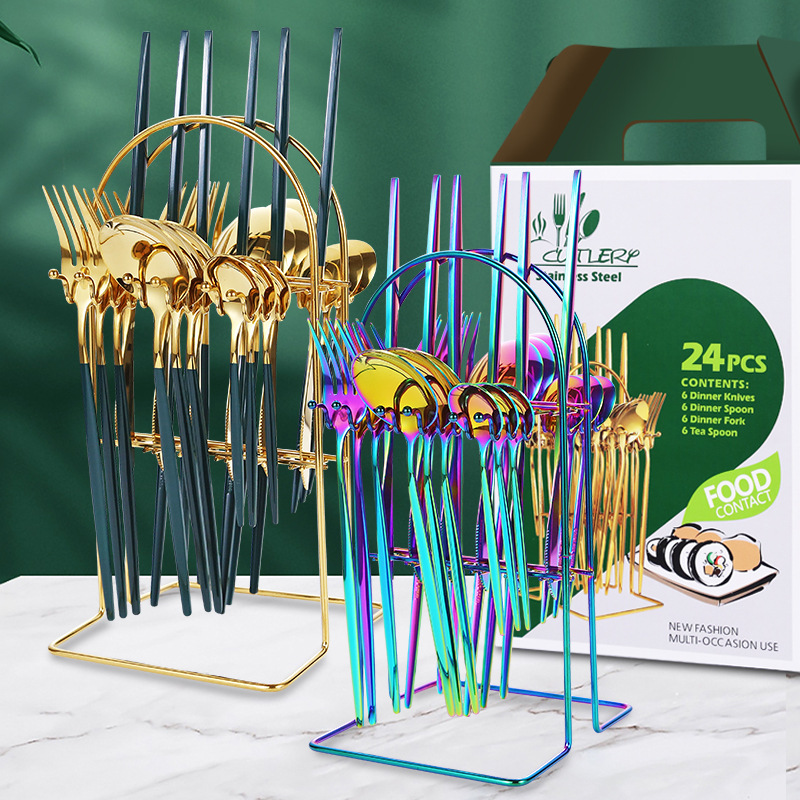 Cuchillo de filete occidental transfronterizo, tenedor y cuchara Amazon Portugal vajilla de acero inoxidable 24 piezas de almacenamiento en rack caja de regalo traje