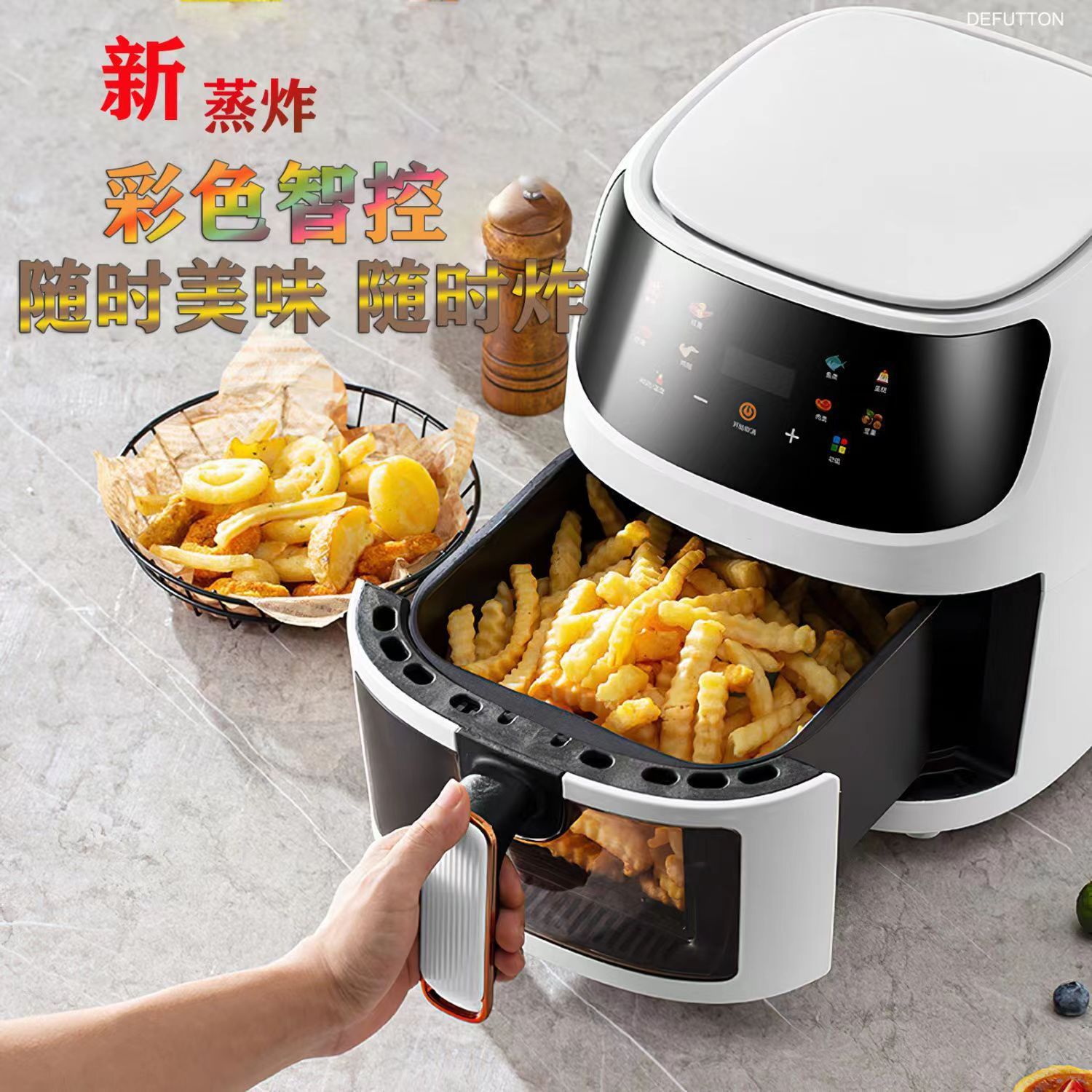 Nueva freidora de aire de gran capacidad visual de 5 litros, fábrica de origen de freidora eléctrica multifuncional con pantalla táctil a color para el hogar