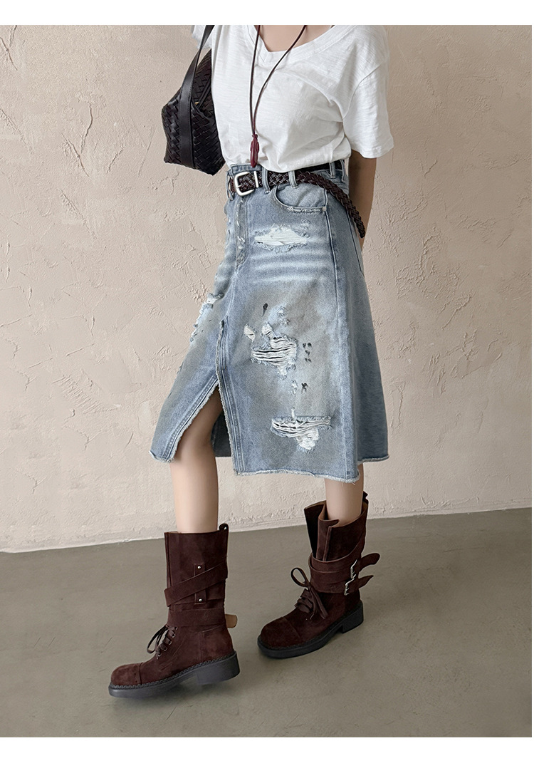 Boot cao bồi cổ trung bình da bò lộn phong cách retro, gót thấp khóa thắt lưng — đen, màu nâu sẫm, kaki chi tiết 22
