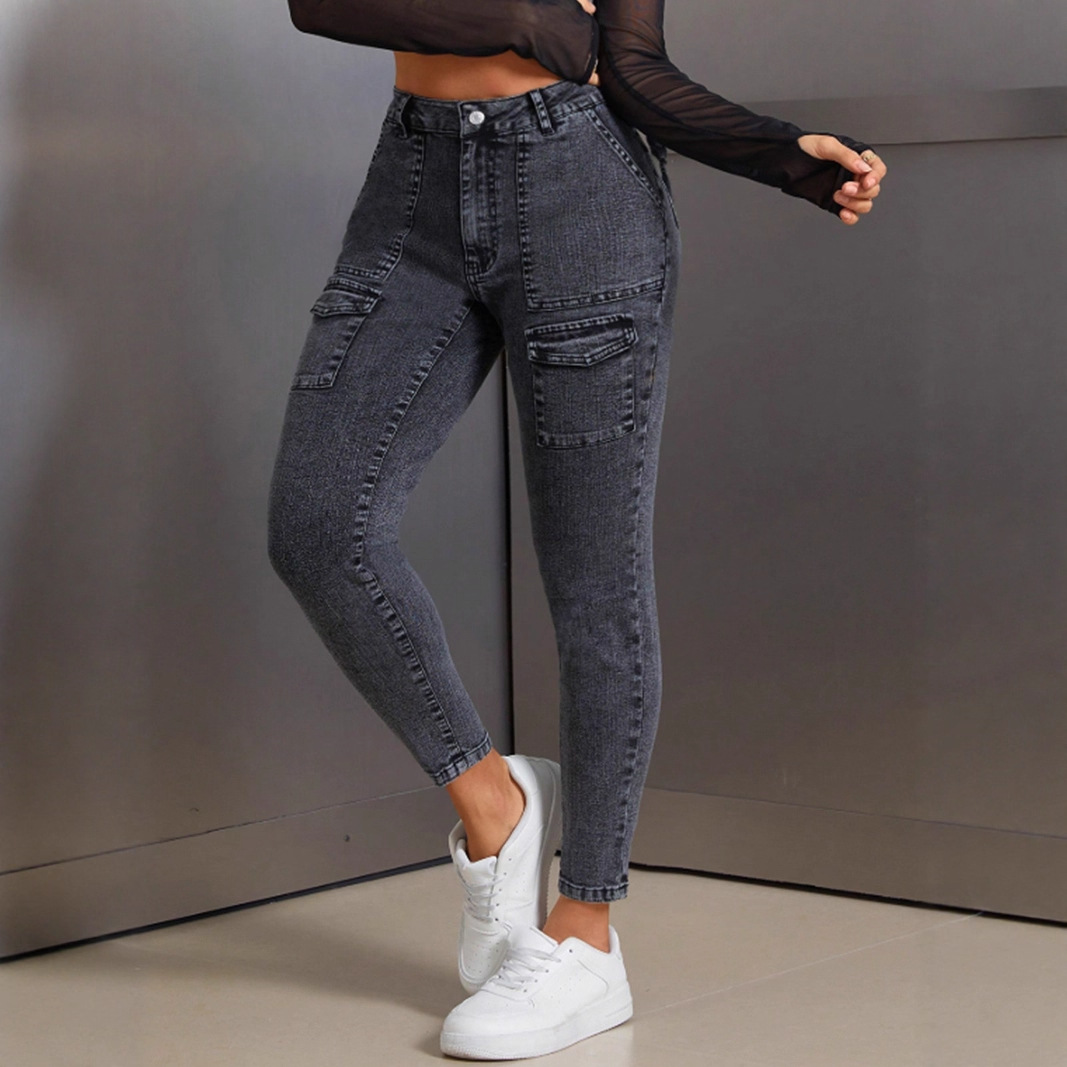 Women's High-Waisted Hip Lifting Skinny Jeans 15706# Elastic Denim Relaxed Everyday Wear Comfortable Feshion_ecoleips.com