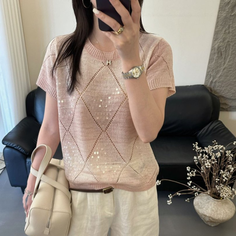 Popular Sequined Hollow-Out Short-Sleeve Knit Top for Women, Thin Style, 2026 Summer New Casual Versatile Round-Neck T-Shirt