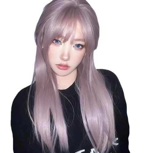 Kony wig female long hair Internet celebrity girl group style gray purple long straight hair fashion simulation human hair full headgear