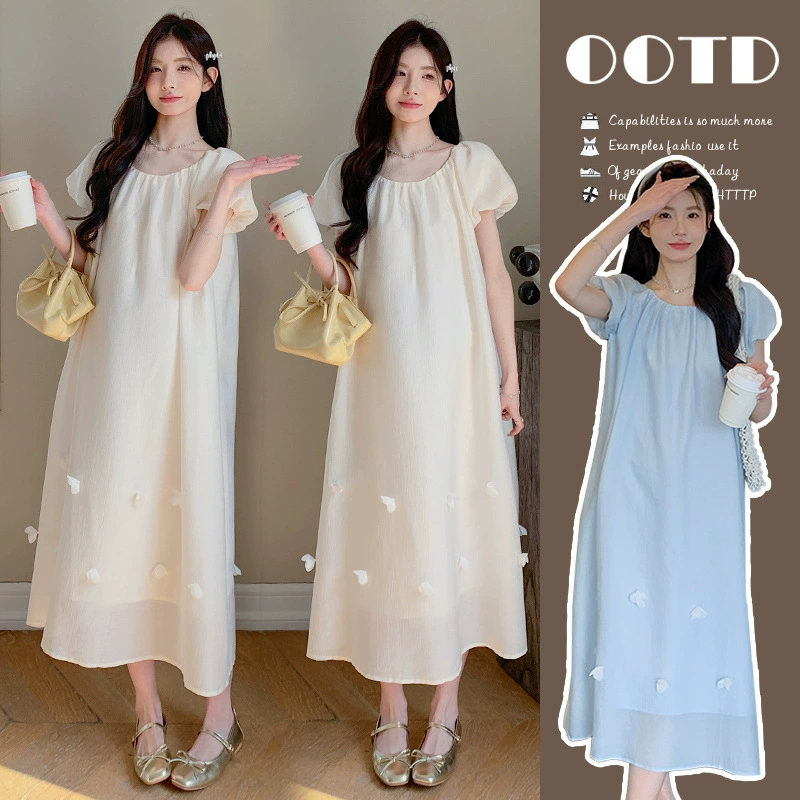 Одежда для беременных, летнее новое стильное нежное платье с трехмерным цветком и короткими рукавами, милое утягивающее платье для беременных в корейском стиле