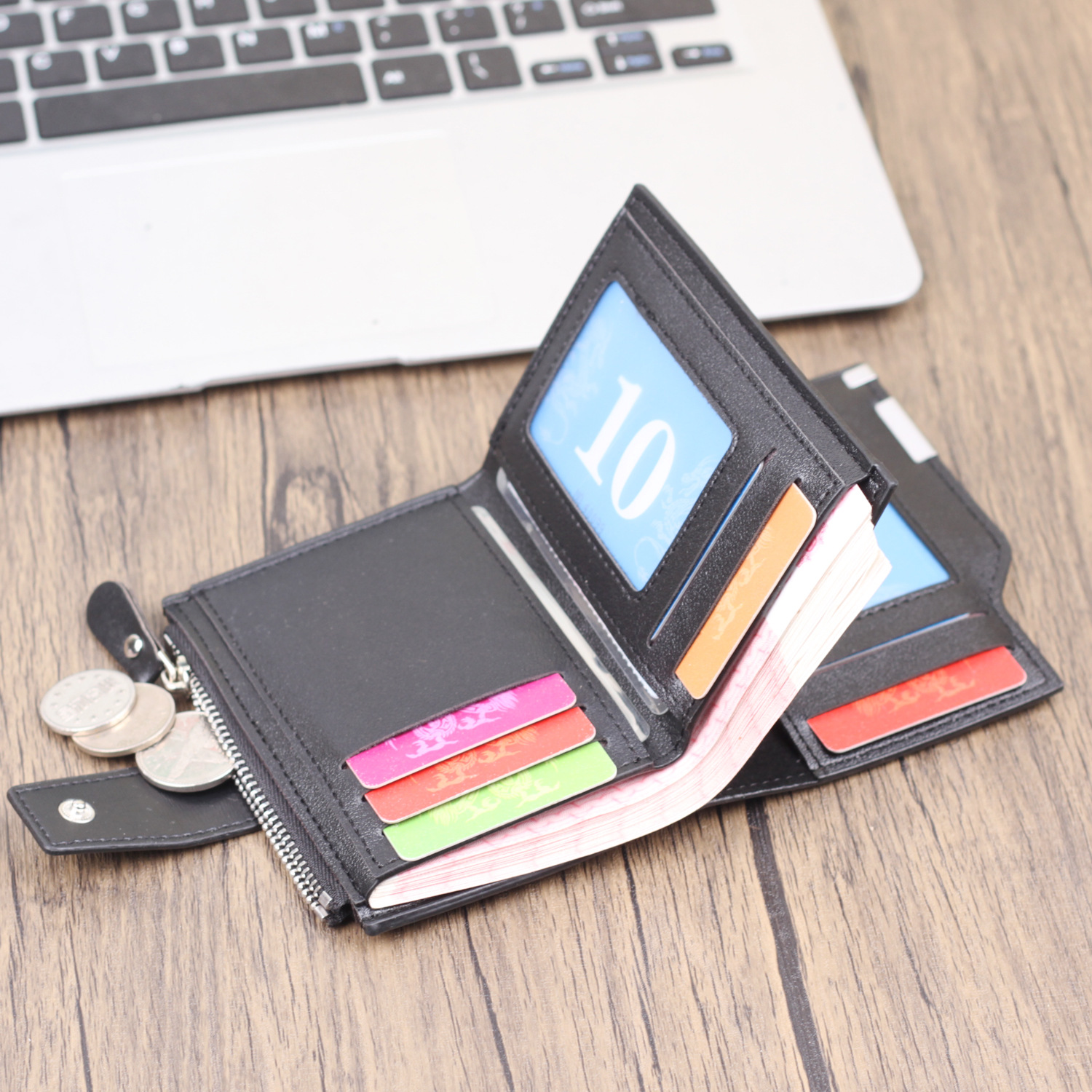 Cartera vertical para hombre Cartera corta con cremallera Monedero multifuncional Cartera para hombre Bolso con botón para hombre Wallet