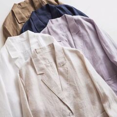 日系通勤シンプル14本のアオサ亜麻快適文芸ゆったりとした貼付袋の薄い長袖気質の小さいスーツのコート