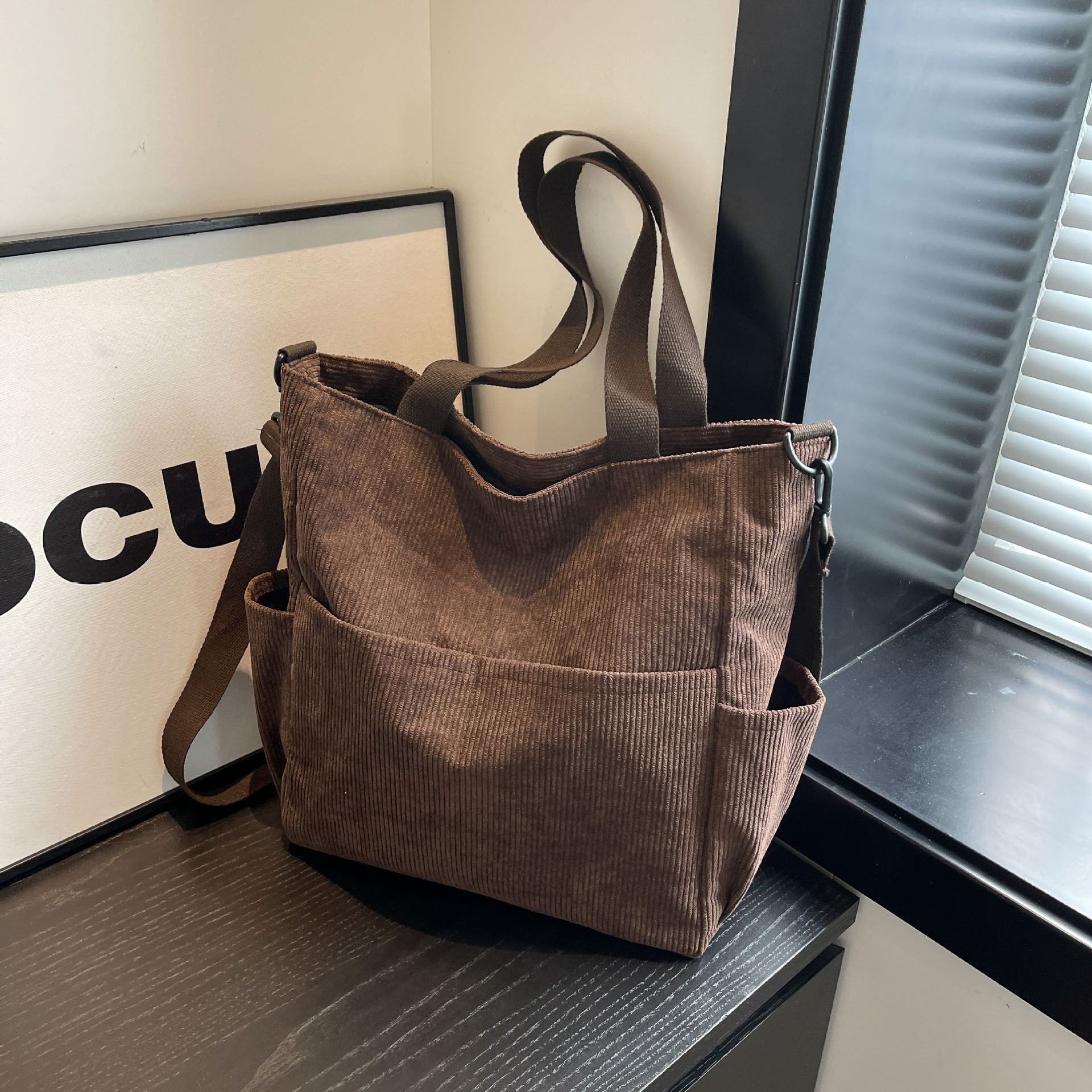 여성용 코듀로이 가방 대용량 2025 새로운 다용도 싱글 숄더 크로스 바디 백 고급 통근 토트 백