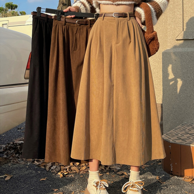 Corduroy Skirt for Women, Autumn and Winter 2026, New Korean Style, High-Waisted, Slimming, Long, Retro, Hip-Covering, A-Line Skirt