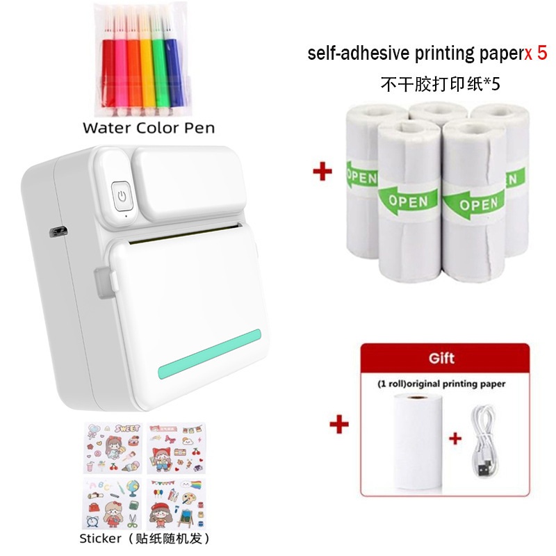 C19 블루에는 인쇄 용지 롤 + 인쇄 용지 롤 5개 + 색펜 6개 + 스티커가 함께 제공됩니다.