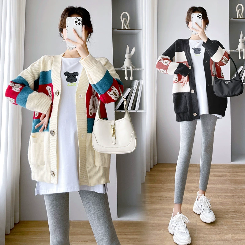 Беременные женщины осенний костюм Мода 2023 Новый Свободный топ с длинными рукавами весна осень зима вязаный кардиган женский