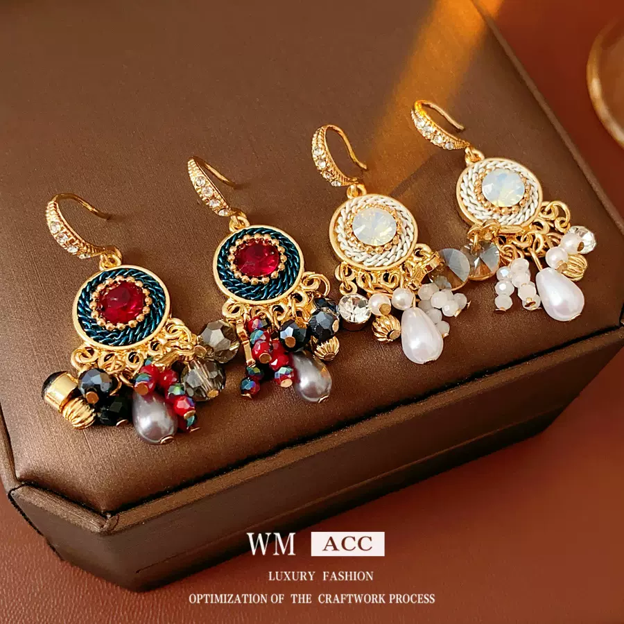 中古vintage镶钻珍珠流苏耳钩复古民族风耳环轻奢高级感耳饰批发