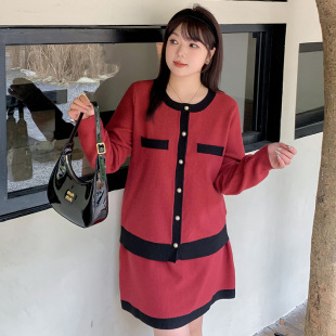 Plus Size Elegant High-End Xiaoxiang Suit 2025 Spring Fat mm Contrasting Color Knitwear Women's Skirt Two-Piece Set 22690