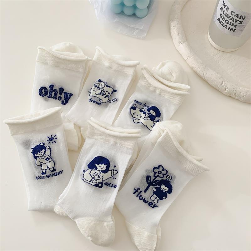 Little Red Book Glass Silk Stockings Spring and Summer Thin Women's Socks Japanese-style Curl Cass White Cartoon Mid-length Socks ins