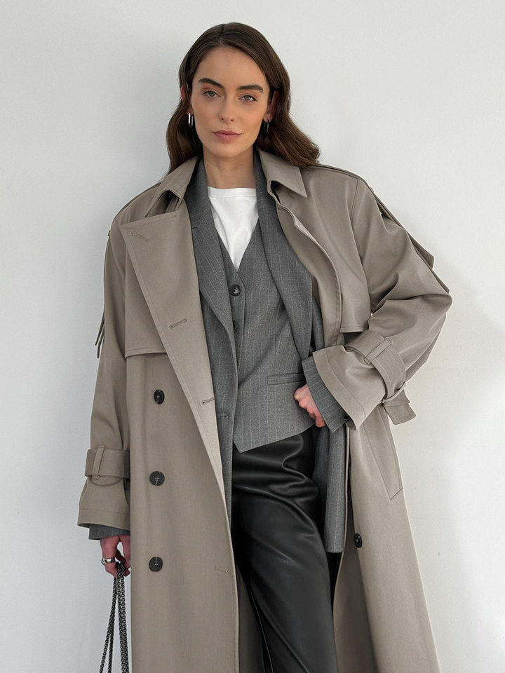 Áo khoác trench coat nữ dáng dài phong cách Âu Mỹ, chất liệu cotton, form rộng có dây thắt eo — Màu kaki, màu xám chi tiết 40