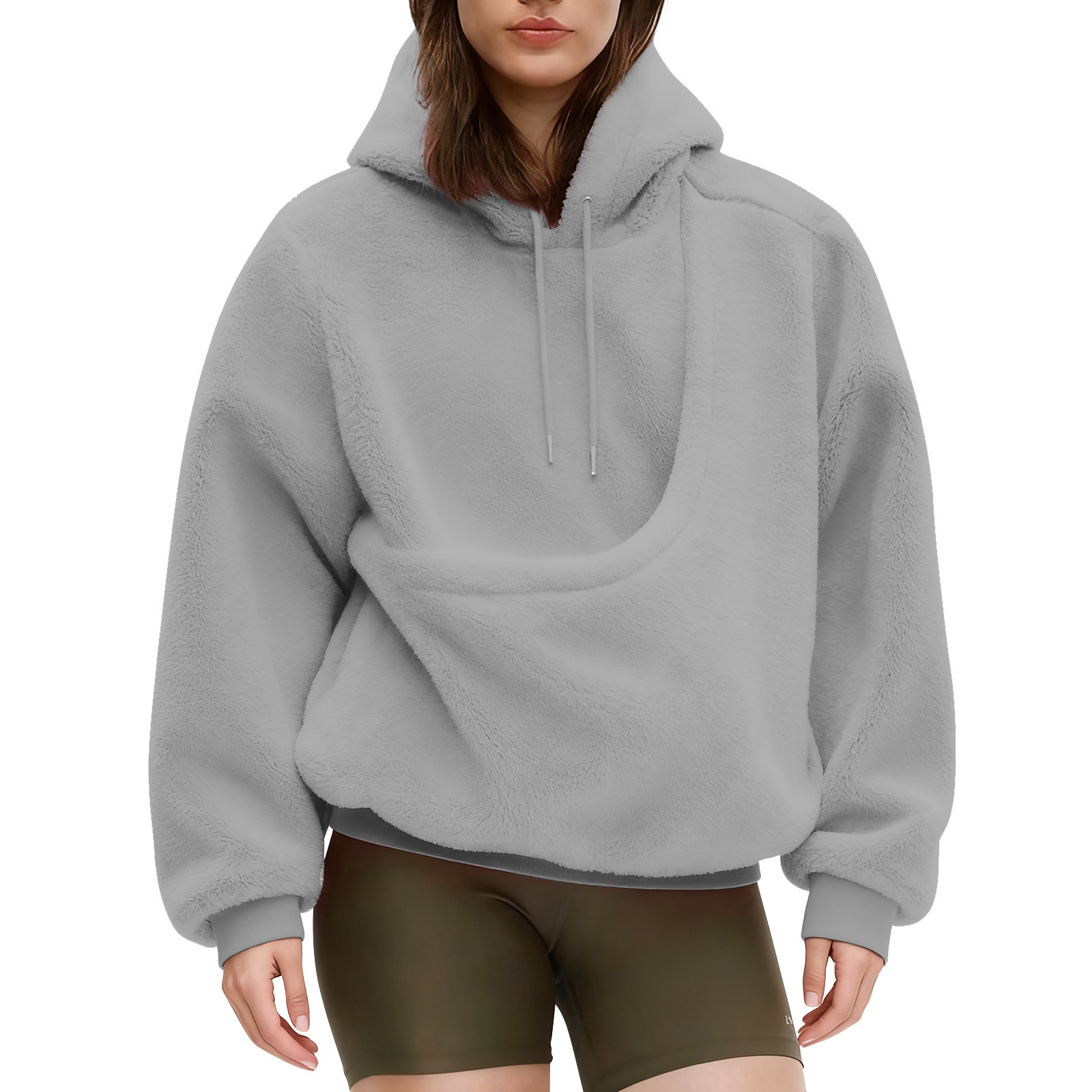 BK8837# Amazon Avrupa Amerika Sonbahar Kış Sınır Ötesi Düz Renk Kapşonlu Peluş Evcil Hayvan Cepli Geniş Kesim Sweatshirt Kadın