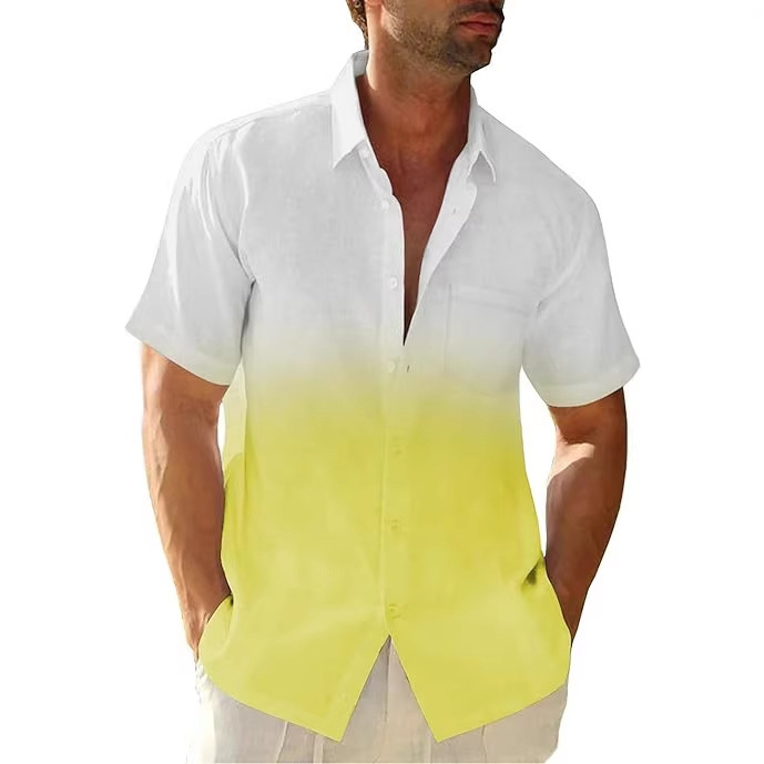 Men's Clothing Men's Gradient Short Sleeve Shirt Summer Casual Breathable Top Cotton Linen Texture For Formal & Casual_viptrois.com