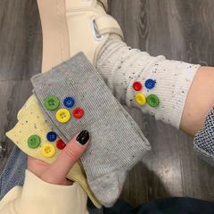 Colorful Button Double Needle Ventilated Mid-Calf Socks for Women - Spring and Summer New Arrival Korean Style Ins Trendy Socks Simple Pile Socks for Girls