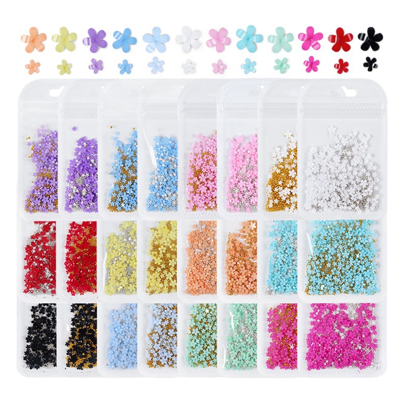 200 arte de uñas de cinco pétalos flor bolso de la joyería blanca de la flor de acrílico rosa con oro y plata perlas flor de la resina