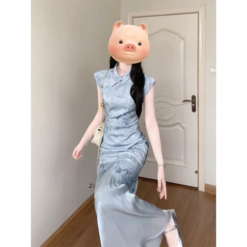Elegant New Chinese Style Summer Dress for Tall Women, Modified Jacquard Faux Two-Piece Cheongsam, Cool Zen-Inspired Extended Length Dress Elegant New Chinese Style Summer Dress for Tall Women, Modified Jacquard Faux Two-Piece Cheongsam, Cool Zen-Inspired Extended Length Dress