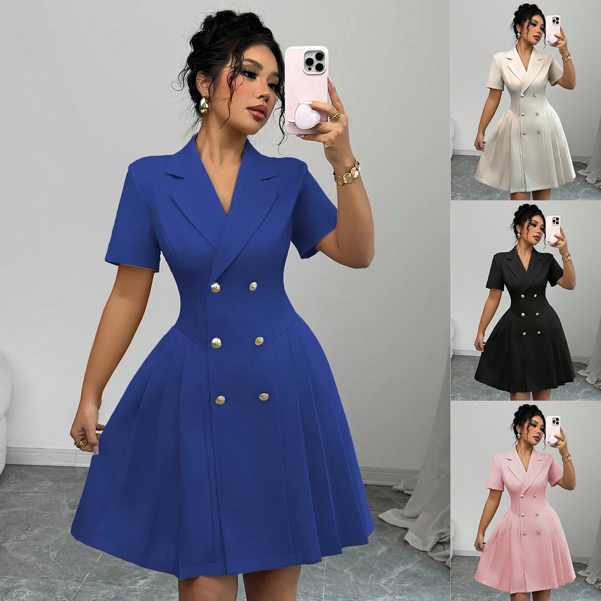 In-Stock Amazon Aliexpress Autumn Cross-Border Foreign Trade European and American Women's Clothing New Style Dress Waist-Cinching Double-Breasted Dress