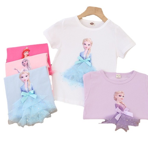 2024 children's clothing Korean version new summer girls short-sleeved T-shirts for small and medium-sized children three-dimensional princess foreign trade factory