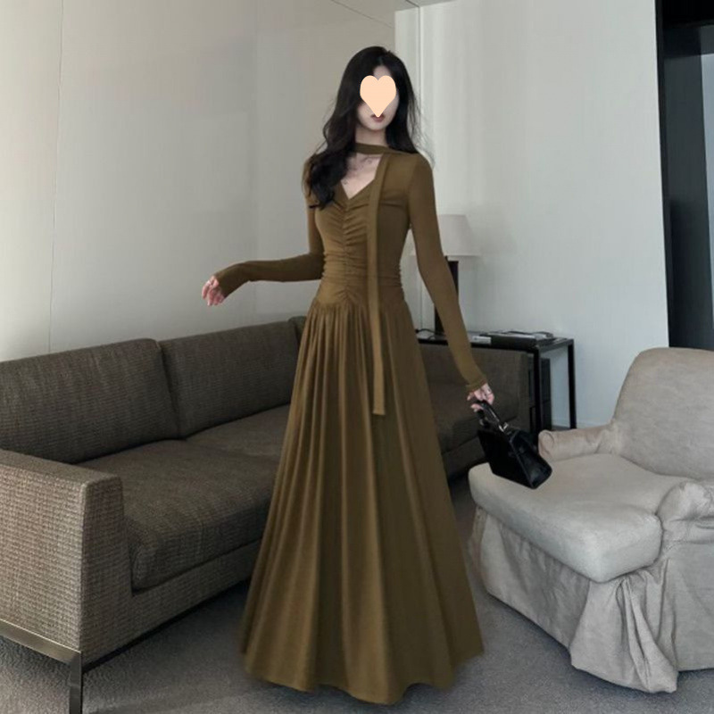 ニッチなデザインの女性用プリーツリボンドレス、秋のスリムフィットAラインニットロングスカート|undefined