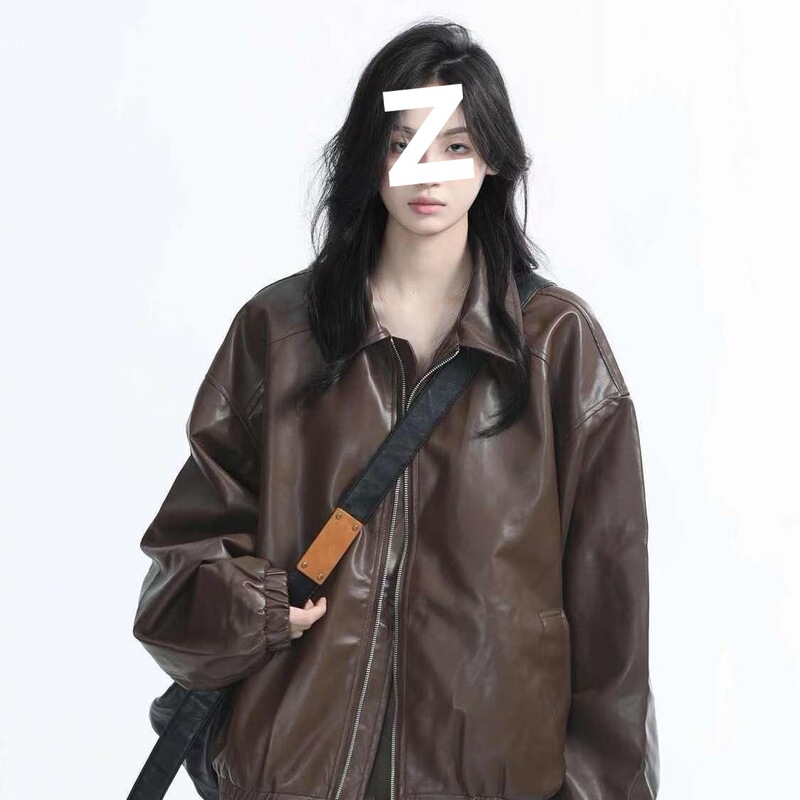 复古机车服黑色皮衣外套女春秋重磅宽松夹克上衣一件起批【厂家】|undefined