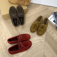 456-3~平底法式复古真皮乐福单鞋女鞋子2025年秋冬季新款加绒棉鞋