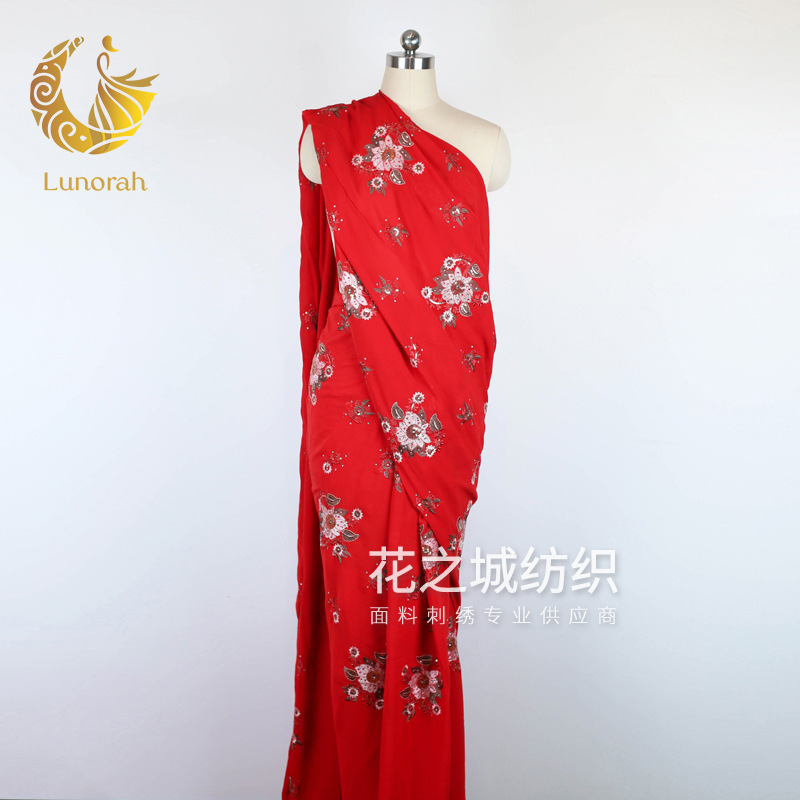 Red Indian Saree, Middle Eastern Clothing, Taiwanese Gauze Fabric, Sequins, Ethnic Embroidery, Computer Embroidery Fabric