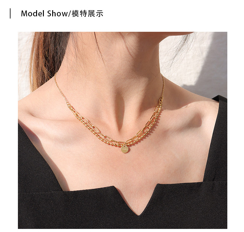 15g Weight No Inlaid Inlay Material Titanium Steel Material Printing Pattern Women'S Gender Gold, Silver Color Lucky Round Brand Double Layer Necklace, Bracelet Set Round Beads Necklace Clavicle Chain Titanium Steel 18k Gold Plating P853-e184 1