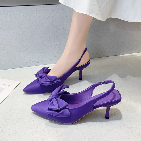 Spring 2022 New Pointed Thin Heel Mid-heel Single-layer Shoes Rear Empty Toe Sandals High Heel Foreign Trade Large Size Bow for Women
