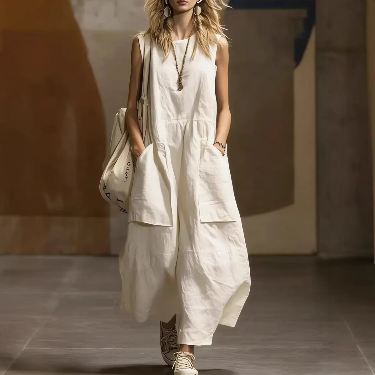 2026 European and American Cross-Border Amazon Independent Site Spring/Summer Women's Loose Simple Sleeveless Pocket Cotton-Linen Dress