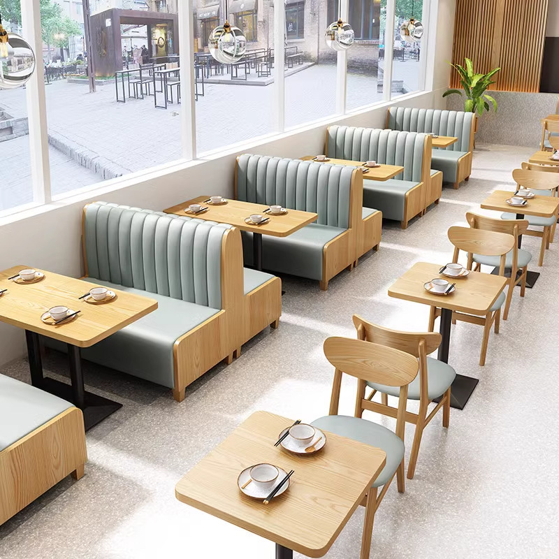 Trendy Restaurant Solid Wood Wall-Mounted Booth Sofa Chain Dining Commercial Hotel Burger Milk Tea Shop Table and Chair Set