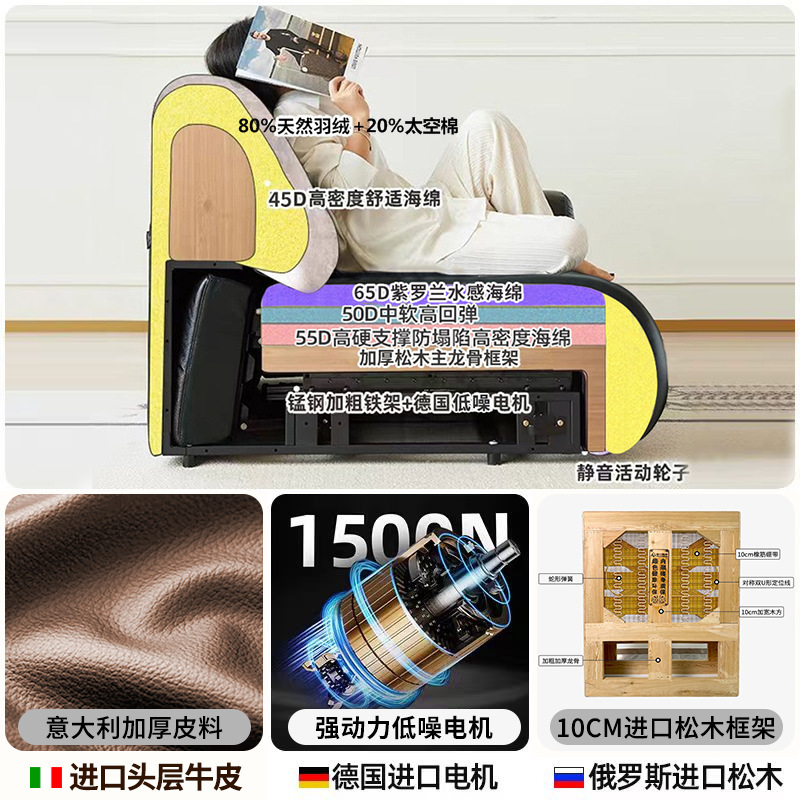 ゼロウォール電動多機能ソファイタリアのミニマリストリビングルームストレート列調節可能な伸縮式ビッグブラックベアレザーソファ|undefined