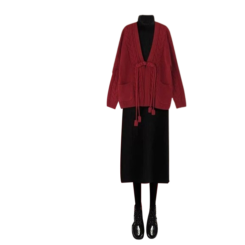 2024 년 새 통통녀 세트와 함께 이른 가을 새해 새 중국 빨간 스웨터 카디건 원피스 투피스 세트