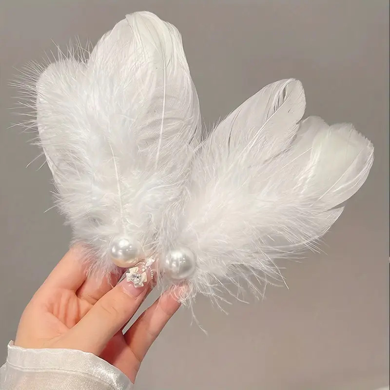 Super Fairy Sweet Girl Feather Pearl Duckbill Clip Fashionable Vacation Style Side Fragmented Hair Temperament High-end Hairpin Women
