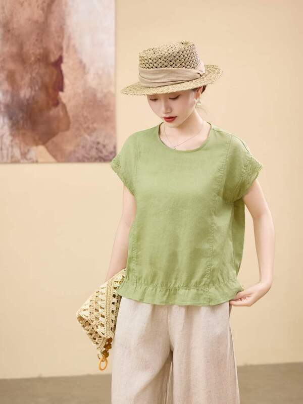 Pure Linen T-Shirt with Lace Cuffs, 2026 Summer New Style, Fully Hemmed, Elasticated Hem, Round Neck Pullover Top 2637 Pure Linen T-Shirt with Lace Cuffs, 2026 Summer New Style, Fully Hemmed, Elasticated Hem, Round Neck Pullover Top 2637