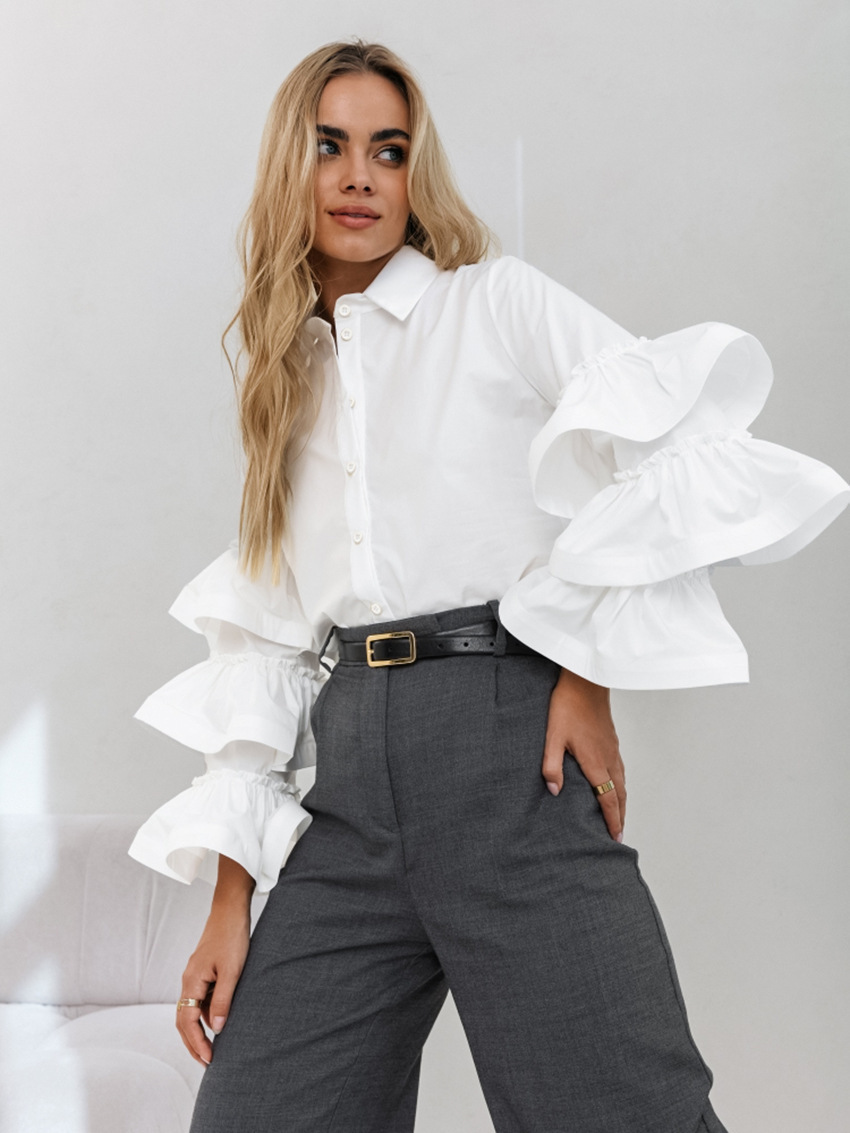 227g Weight Wholesale Women's Elegant Solid Color Long Sleeve Ruffles Blouses