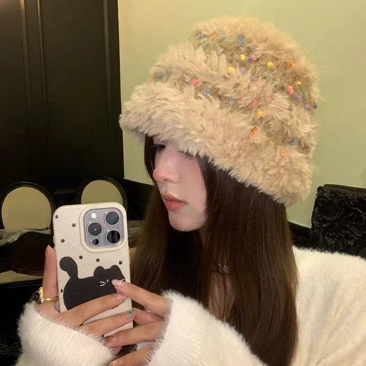 彩色小糖豆毛绒渔夫帽女秋冬季显脸小百搭毛线帽大头围帽子水桶帽|undefined