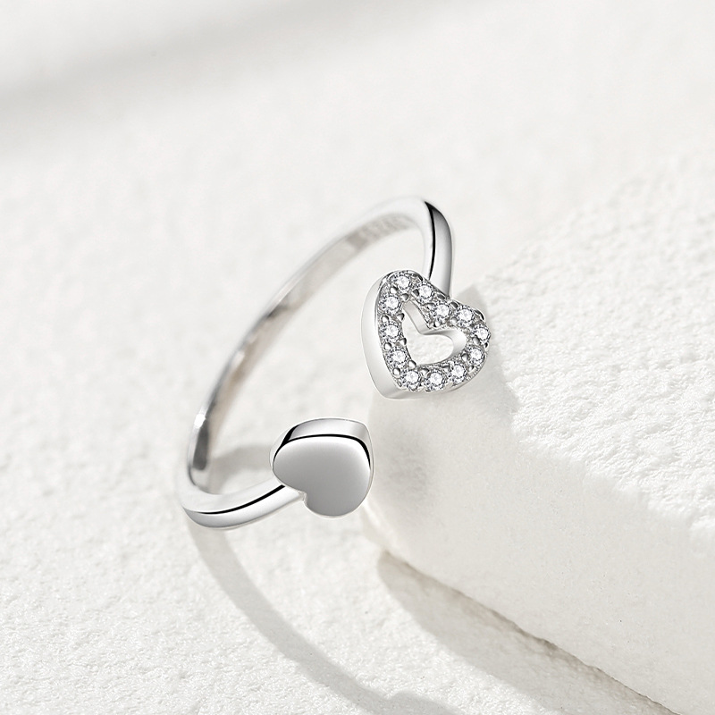 Plata esterlina S925 en forma de corazón a corazón impreso anillo femenino ins estilo abierto Ajustable estilo coreano amor diamante anillo de dedo índice