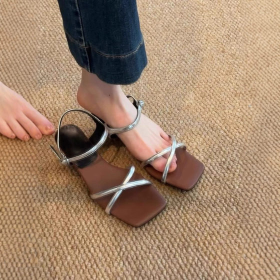 Vintage Square Toe Open Toe Sandals with Wedge Heel Women's 2024 Summer New Simple Crossover High Heels with Skirt